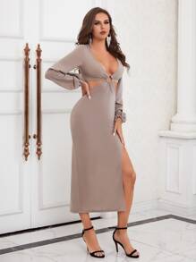 Modelyn O-ring Deep V Neck Cut Out Split Thigh Lantern Sleeve Dress - Khaki - View 5