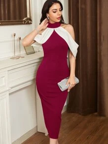 Modelyn 撞色繞頸緊身連衣裙 - 紅色 - 查看 4