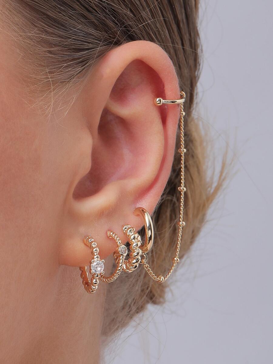 3雙水鑽裝飾圓耳環 - 金黃色 - 查看 1