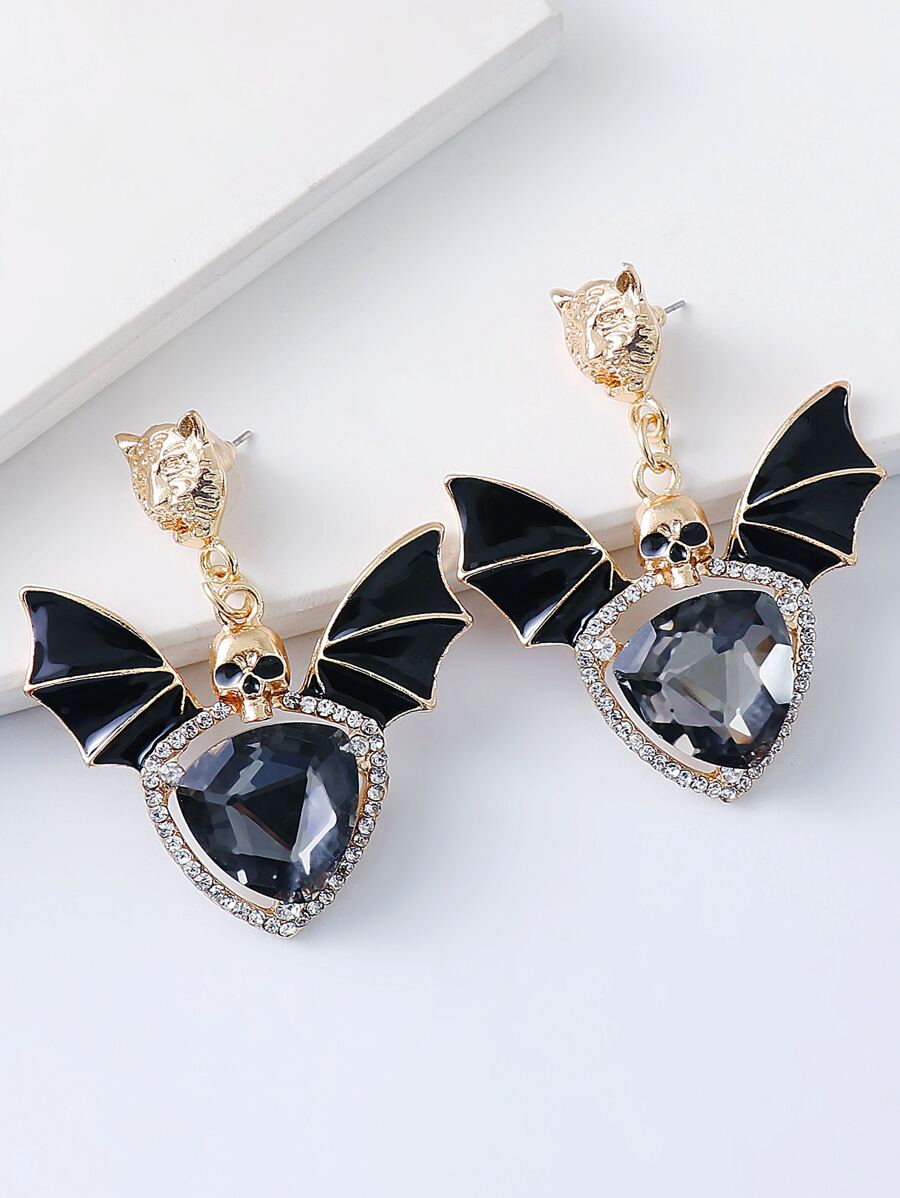 juran 1 Cặp bông tai mặt dây chuyền hình dơi đính đá phong cách Gothic dành cho nữ - màu đen - Xem 1