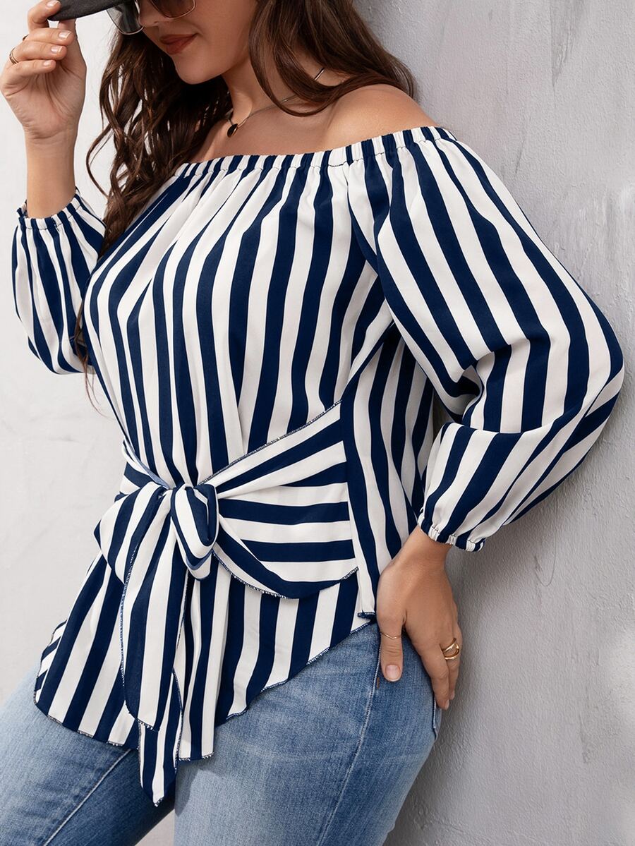 SHEIN LUNE Plus Striped Bishop Sleeve Off Shoulder Tie Front Blouse - Blue and White - View 1