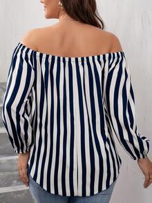 SHEIN LUNE Plus Striped Bishop Sleeve Off Shoulder Tie Front Blouse - Blue and White - View 2
