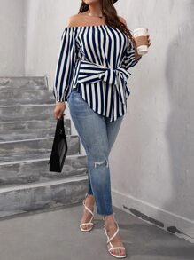 SHEIN LUNE Plus Striped Bishop Sleeve Off Shoulder Tie Front Blouse - Blue and White - View 3