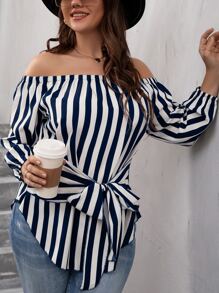 SHEIN LUNE Plus Striped Bishop Sleeve Off Shoulder Tie Front Blouse - Blue and White - View 5