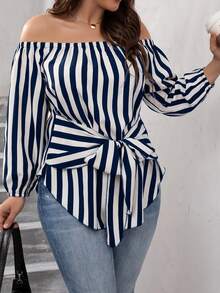 SHEIN LUNE Plus Striped Bishop Sleeve Off Shoulder Tie Front Blouse - Blue and White - View 6
