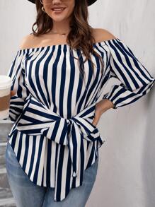 SHEIN LUNE Plus Striped Bishop Sleeve Off Shoulder Tie Front Blouse - Blue and White - View 7