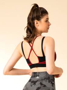 Crisscross Backless Camo Print 2 In 1 Sports Bra - Burgundy - View 2