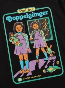 Stevenrhodes ROMWE MEN Men Cotton Letter Figure Graphic Tee, School - Black - View 3