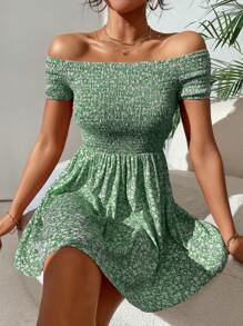 SHEIN PETITE Ditsy Floral Print Shirred Off Shoulder Dress - Green - View 1