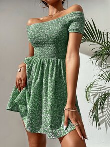 SHEIN PETITE Ditsy Floral Print Shirred Off Shoulder Dress - Green - View 4