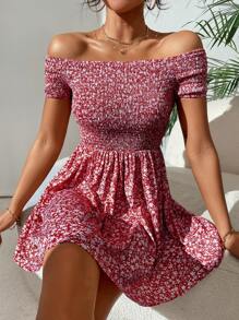 SHEIN PETITE 碎花打褶一字肩洋裝 - 紅色 - 查看 1