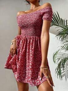 SHEIN PETITE 碎花打褶一字肩洋裝 - 紅色 - 查看 3