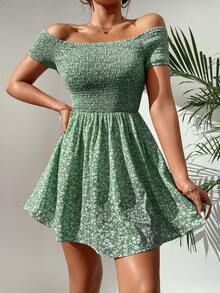 SHEIN PETITE Ditsy Floral Print Shirred Off Shoulder Dress - Green - View 6
