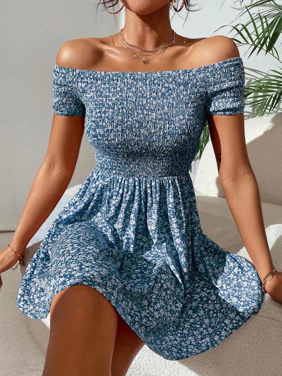 SHEIN PETITE Ditsy Floral Print Shirred Off Shoulder Dress - Blue and White - View 1
