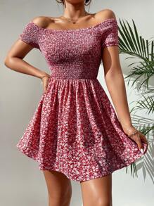 SHEIN PETITE 碎花打褶一字肩洋裝 - 紅色 - 查看 6