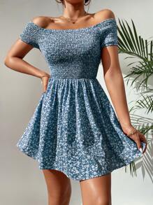 SHEIN PETITE Ditsy Floral Print Shirred Off Shoulder Dress - Blue and White - View 4