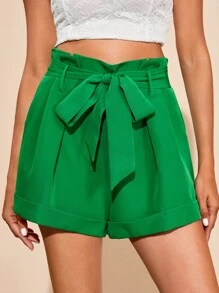 SHEIN Unity Belted Roll-up Hem Wide Leg Shorts - Green - View 1