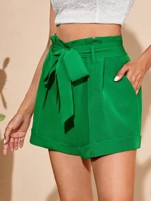 SHEIN Unity Belted Roll-up Hem Wide Leg Shorts - Green - View 5