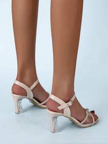 水鑽裝飾異形高跟踝帶涼鞋 - 杏色 - 查看 3