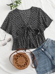 Knot Front Ditsy Floral Ruffle Hem Blouse - Multicolor - View 1