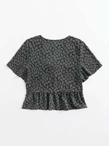 Knot Front Ditsy Floral Ruffle Hem Blouse - Multicolor - View 2