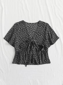 Knot Front Ditsy Floral Ruffle Hem Blouse - Multicolor - View 3