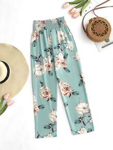 印花打褶前繫帶長褲 - 綠色 - 查看 2