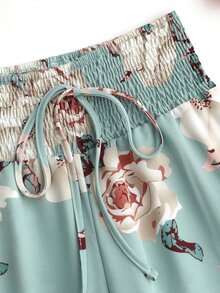 印花打褶前繫帶長褲 - 綠色 - 查看 3