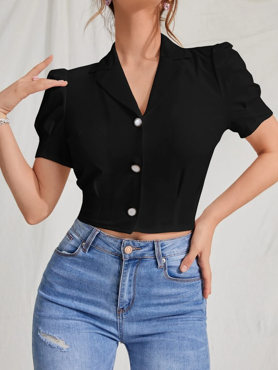 SHEIN MOD Lapel Collar Puff Sleeve Button Up Blouse,Short Sleeve Tops