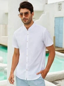 Manfinity Homme 男士實色襯衫，修身短袖鈕扣領普通休閒襯衫 - 白色 - 查看 5