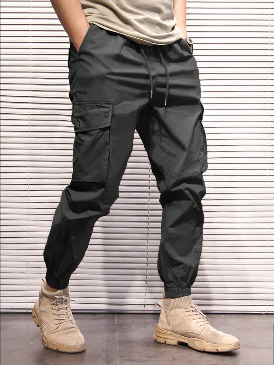 Manfinity Homme Hombres Pantalones cargo de cintura con cordón - Negro - Ver 1