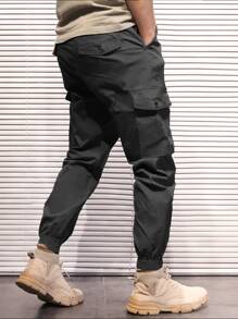 Manfinity Homme Hombres Pantalones cargo de cintura con cordón - Negro - Ver 2