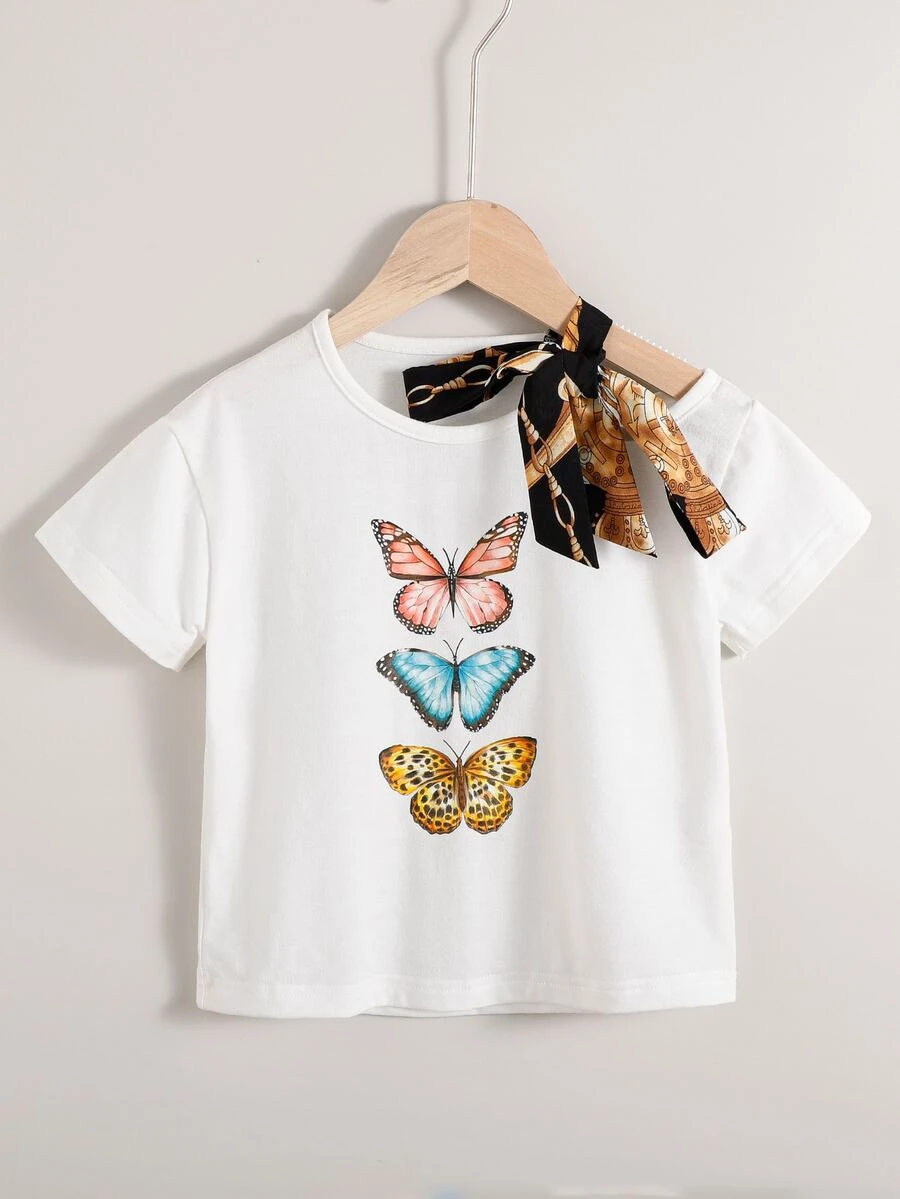 Toddler Girls Butterfly Print Tie Shoulder Tee - White - View 1