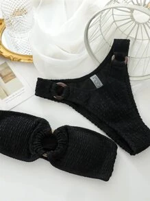 SHEIN Swim Ensemble de bikini froncé à lien anneau soutien-gorge bandeau & Bas hipster 2 pièces Maillot de bain