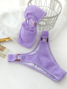 Smocked Ring Linked Bandeau Bikini - Lilac Purple - View 2