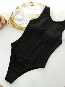 SHEIN Swim Summer Beach Solid Rib One Piece Swimsuit - Black - View 3