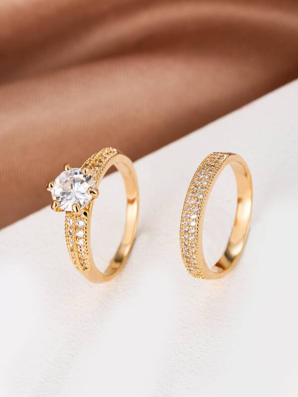 2pcs Cubic Zirconia Eternity Band Ring Delicate Jewelry Party Wedding Engagement Decor For Women Girls Gift