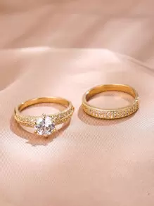 2入組方晶鋯石永恆戒指精緻珠寶派對婚禮訂婚裝飾女式女孩禮物 - 金黃色 - 查看 4