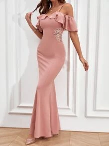 SHEIN Privé Cold Shoulder Ruffle Detail Mermaid Hem Dress - Dusty Pink - View 1