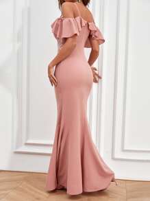 SHEIN Privé Cold Shoulder Ruffle Detail Mermaid Hem Dress - Dusty Pink - View 2