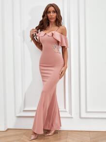 SHEIN Privé Cold Shoulder Ruffle Detail Mermaid Hem Dress - Dusty Pink - View 5