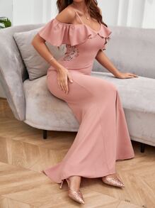 SHEIN Privé Cold Shoulder Ruffle Detail Mermaid Hem Dress - Dusty Pink - View 6