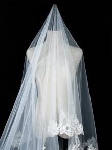 1pc Simple Handmade Lace Veil With Lace Trim For Bride, Wedding, Photography Accessory Fall Clothes For Women - White - View 3