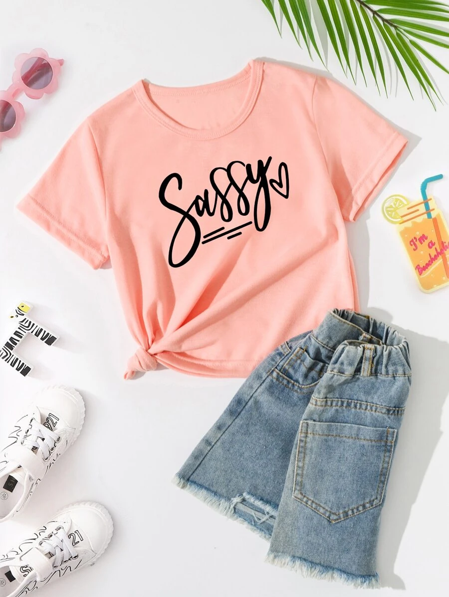 SHEIN Girls 1pc Letter Graphic Tee - Coral Pink - View 1