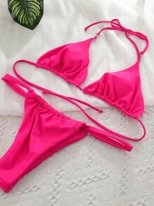 SHEIN Swim Đơn sắc Bộ Bikini Dây Vi mô Tam giác Bras Áo & Quần lót Thong 2 mảnh Bộ đồ tắm - Màu Hồng Tươi - Xem 3