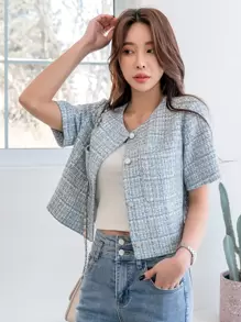 DAZY 格子双口袋粗花呢大衣女式夹克，秋季女装 - 藍白色 - 查看 6