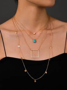 圓形裝飾石頭吊墜多層次項鍊 - 彩色 - 查看 1