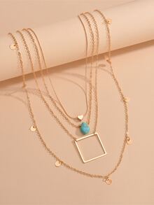 圓形裝飾石頭吊墜多層次項鍊 - 彩色 - 查看 2