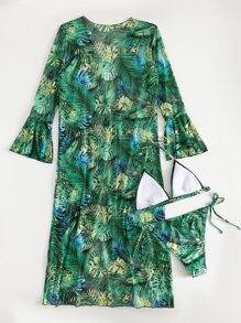 Tropical Print Halter Triangle Bikini With Kimono For Summer Beach Vacation - Multicolor - View 2