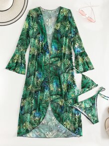 Tropical Print Halter Triangle Bikini With Kimono For Summer Beach Vacation - Multicolor - View 3